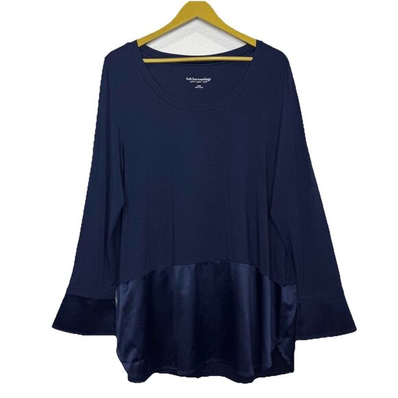 Soft Surroundings Satin Jersey Knit Tunic Blouse Size L Navy Blue Modest Preppy - Picture 1 of 9